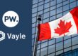 Canadian flag waiving in front of a glass building. PrivacyWorks and Vayle logos are showcased on the left side in a contrasted frame.