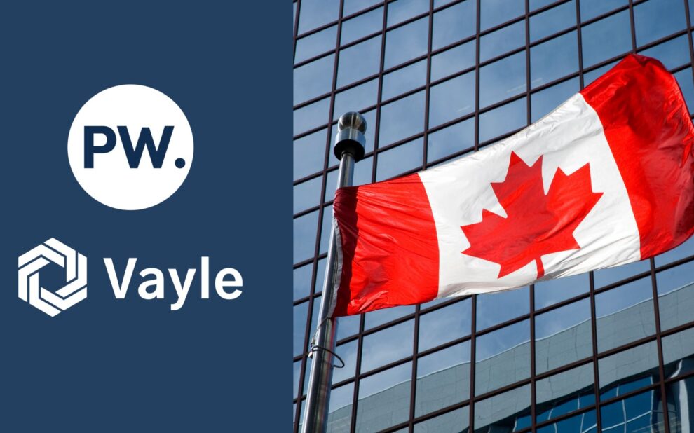 Canadian flag waiving in front of a glass building. PrivacyWorks and Vayle logos are showcased on the left side in a contrasted frame.