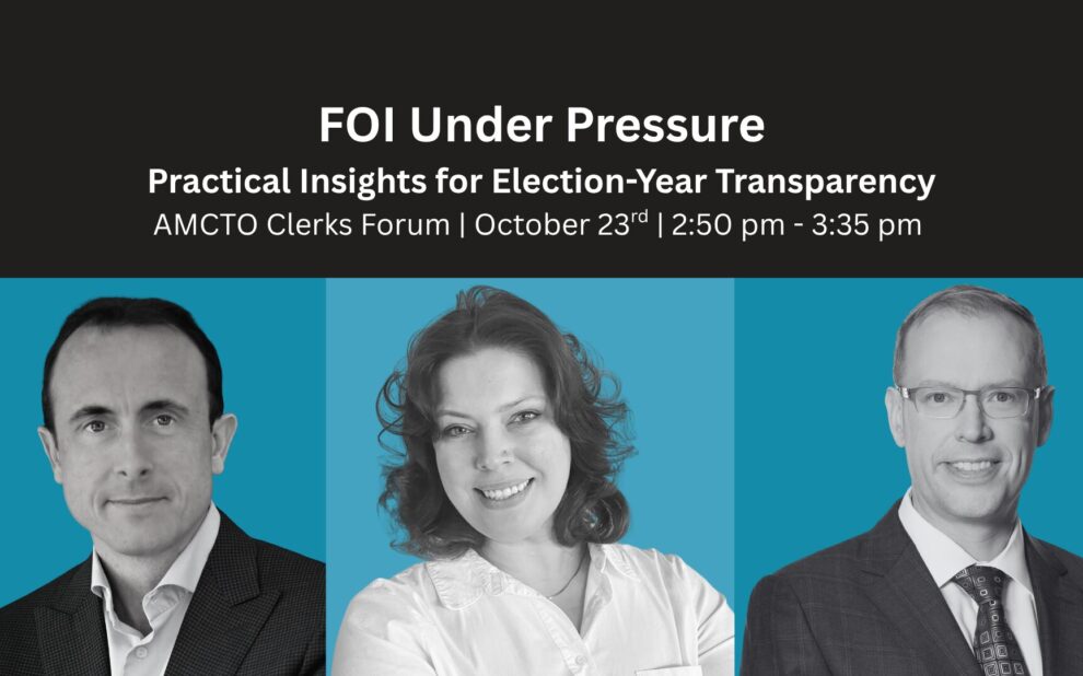 Panel promotional graphic for the AMCTO Clerks Forum session “FOI Under Pressure: Practical Insights for Election-Year Transparency,” featuring Shaun McIver, CEO of Vayle; Margaret Corbett, Deputy City Clerk, City of Niagara Falls; and Jason Reynar, Partner, Lerners LLP.