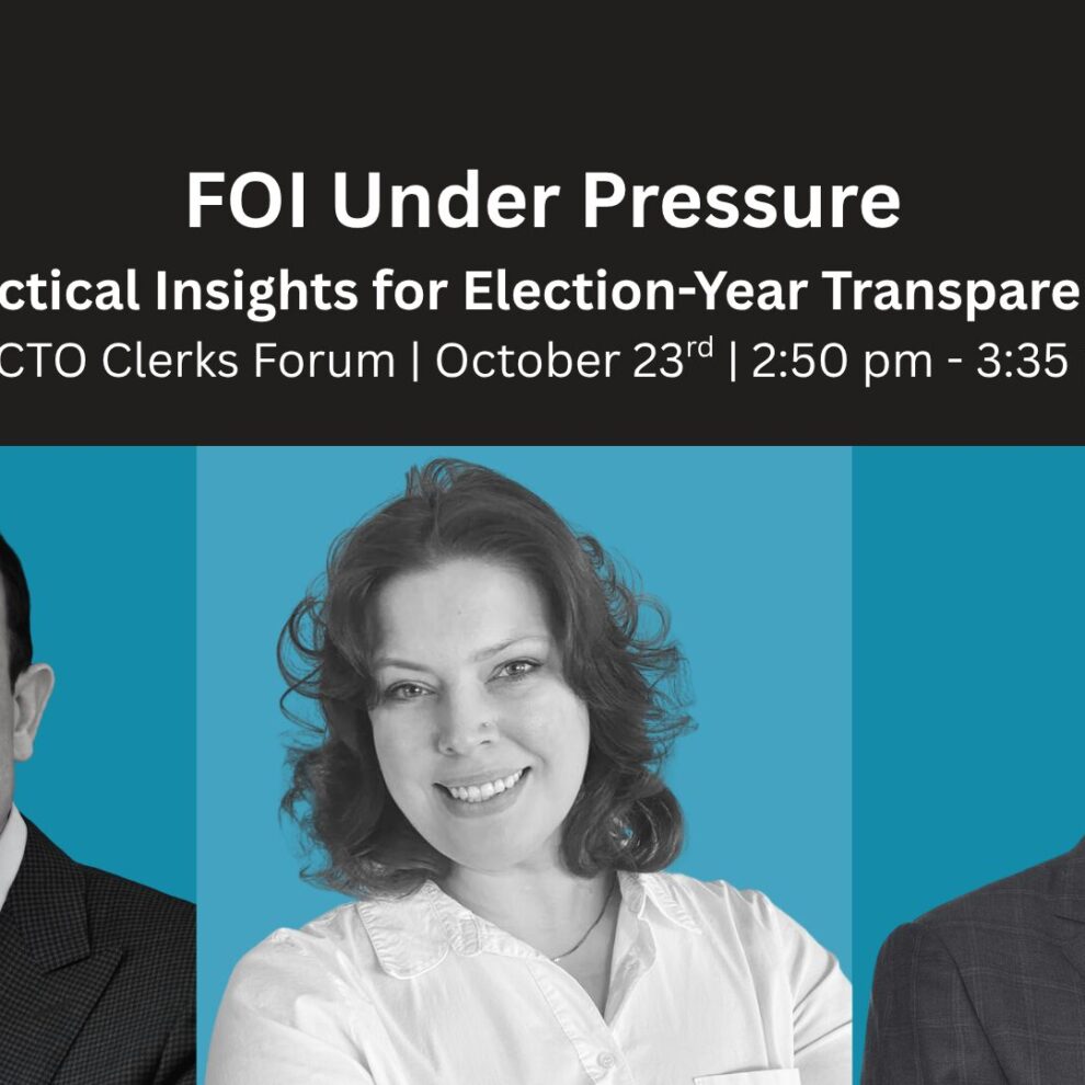 AMCTO Clerks Forum Panel promotional graphic for the AMCTO Clerks Forum session “FOI Under Pressure: Practical Insights for Election-Year Transparency,” featuring Shaun McIver, CEO of Vayle; Margaret Corbett, Deputy City Clerk, City of Niagara Falls; and Jason Reynar, Partner, Lerners LLP.